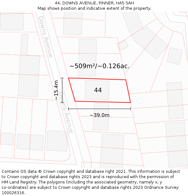 44, DOWNS AVENUE, PINNER, HA5 5AH: Plot and title map