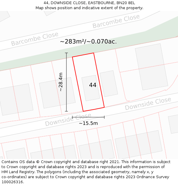 44, DOWNSIDE CLOSE, EASTBOURNE, BN20 8EL: Plot and title map