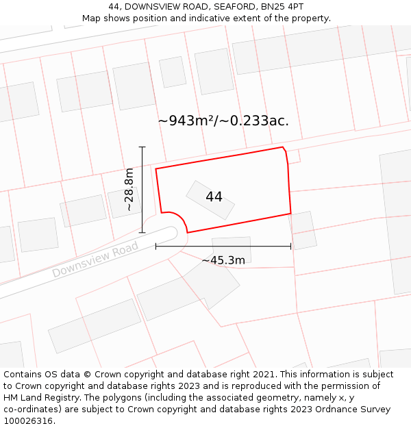 44, DOWNSVIEW ROAD, SEAFORD, BN25 4PT: Plot and title map