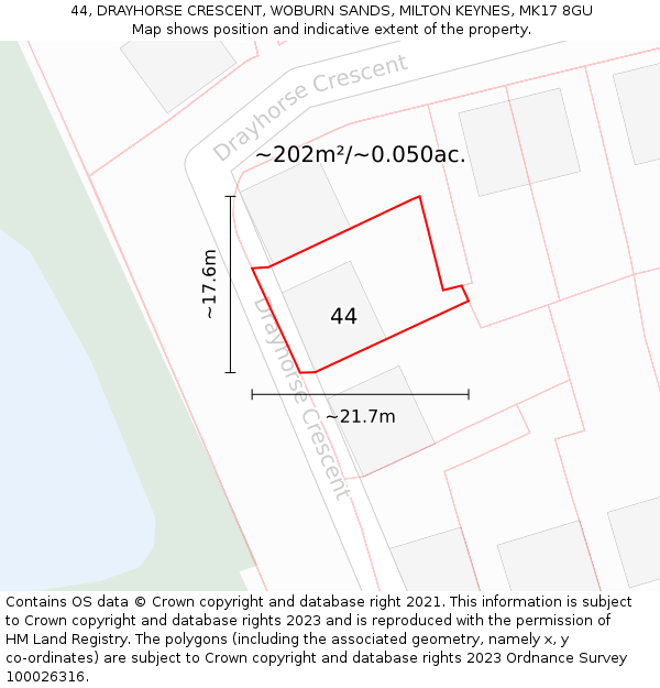 44, DRAYHORSE CRESCENT, WOBURN SANDS, MILTON KEYNES, MK17 8GU: Plot and title map