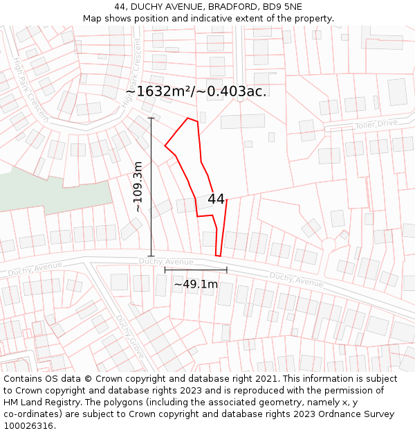 44, DUCHY AVENUE, BRADFORD, BD9 5NE: Plot and title map