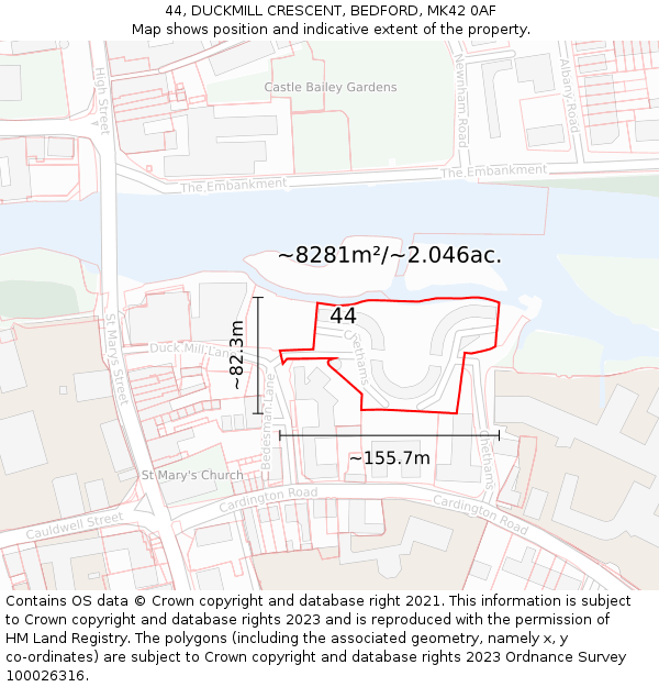 44, DUCKMILL CRESCENT, BEDFORD, MK42 0AF: Plot and title map