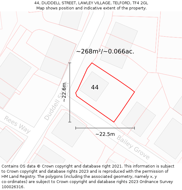 44, DUDDELL STREET, LAWLEY VILLAGE, TELFORD, TF4 2GL: Plot and title map