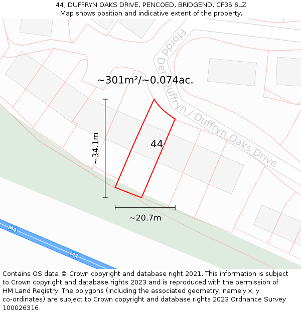 44, DUFFRYN OAKS DRIVE, PENCOED, BRIDGEND, CF35 6LZ: Plot and title map