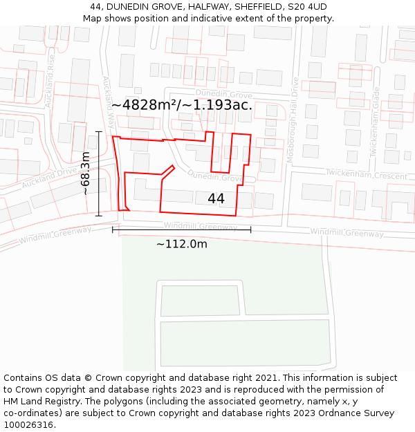 44, DUNEDIN GROVE, HALFWAY, SHEFFIELD, S20 4UD: Plot and title map