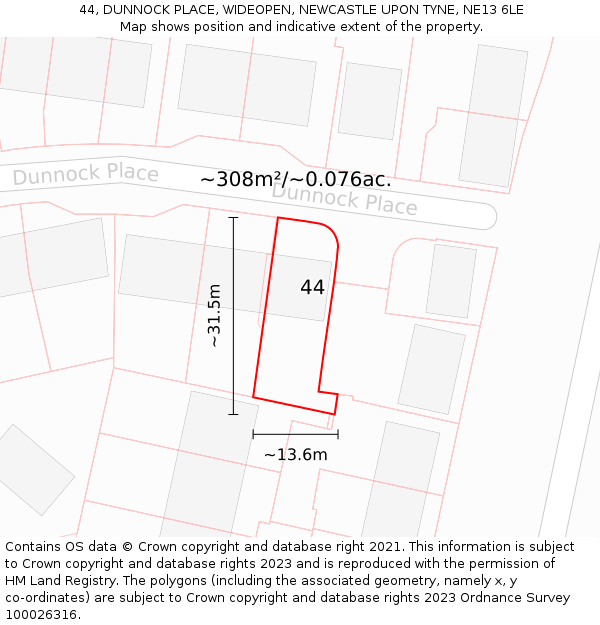 44, DUNNOCK PLACE, WIDEOPEN, NEWCASTLE UPON TYNE, NE13 6LE: Plot and title map