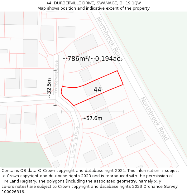 44, DURBERVILLE DRIVE, SWANAGE, BH19 1QW: Plot and title map