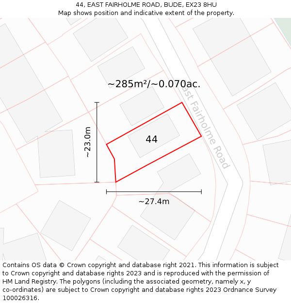44, EAST FAIRHOLME ROAD, BUDE, EX23 8HU: Plot and title map