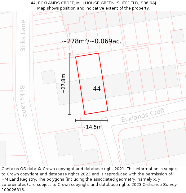 44, ECKLANDS CROFT, MILLHOUSE GREEN, SHEFFIELD, S36 9AJ: Plot and title map