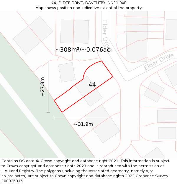 44, ELDER DRIVE, DAVENTRY, NN11 0XE: Plot and title map