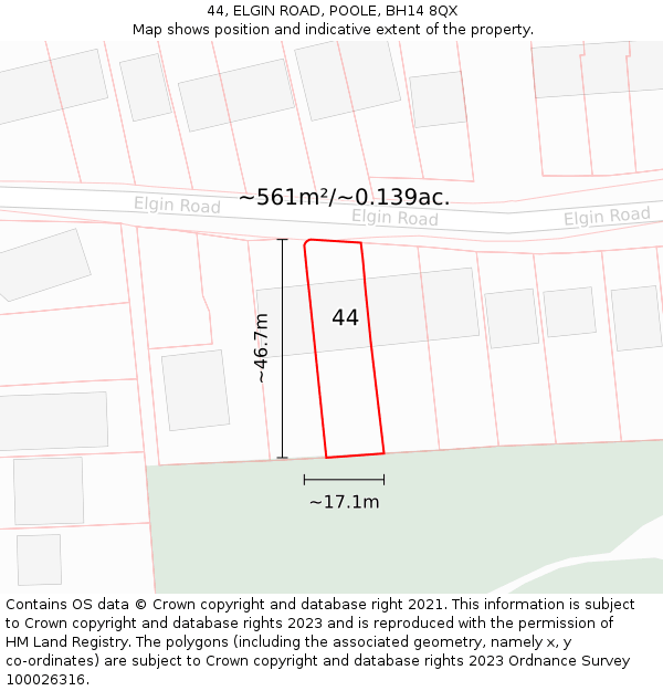 44, ELGIN ROAD, POOLE, BH14 8QX: Plot and title map