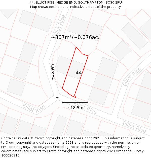 44, ELLIOT RISE, HEDGE END, SOUTHAMPTON, SO30 2RU: Plot and title map