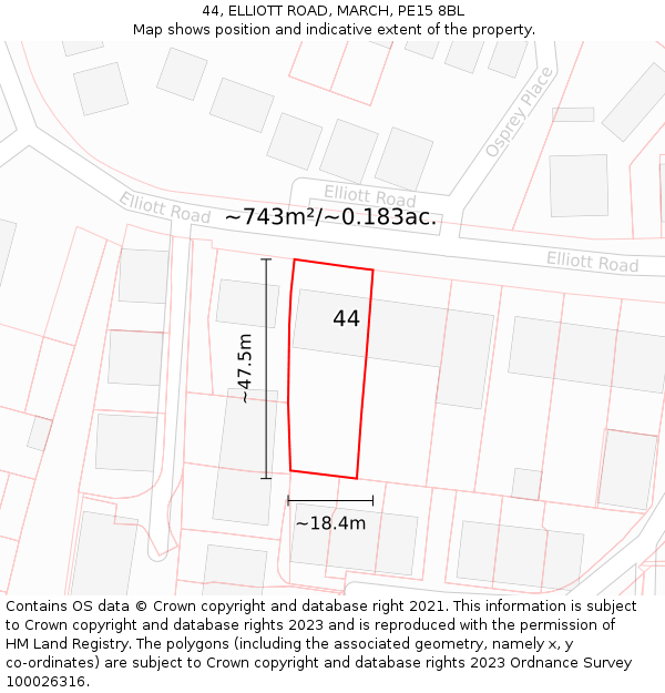 44, ELLIOTT ROAD, MARCH, PE15 8BL: Plot and title map