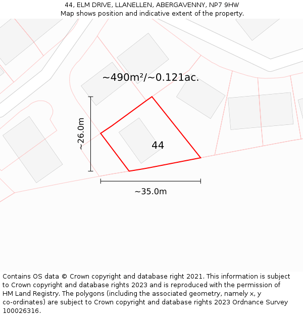 44, ELM DRIVE, LLANELLEN, ABERGAVENNY, NP7 9HW: Plot and title map