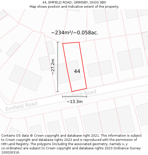 44, EMFIELD ROAD, GRIMSBY, DN33 3BX: Plot and title map