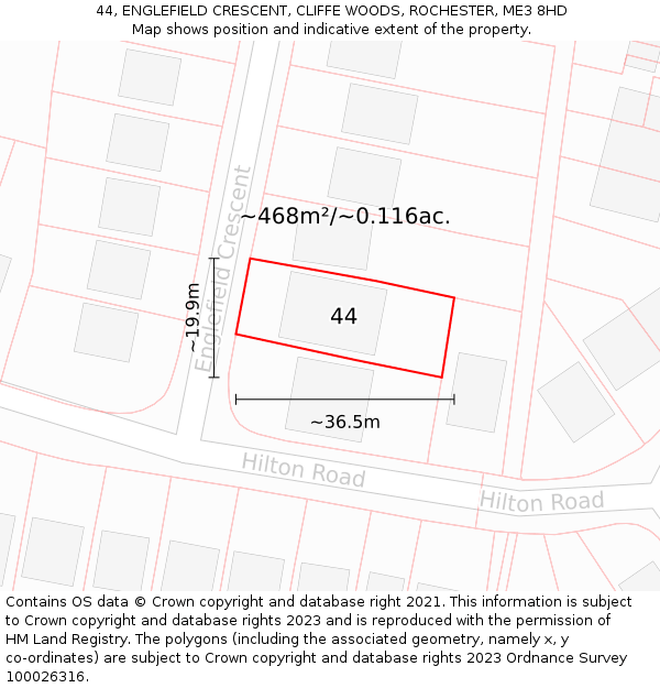 44, ENGLEFIELD CRESCENT, CLIFFE WOODS, ROCHESTER, ME3 8HD: Plot and title map