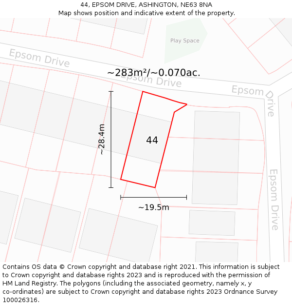 44, EPSOM DRIVE, ASHINGTON, NE63 8NA: Plot and title map
