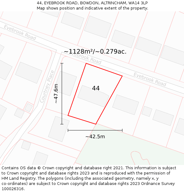 44, EYEBROOK ROAD, BOWDON, ALTRINCHAM, WA14 3LP: Plot and title map