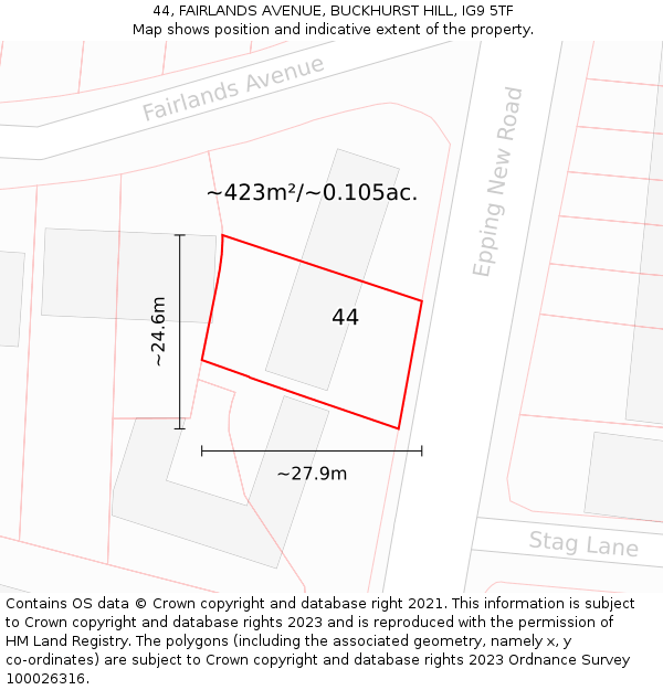 44, FAIRLANDS AVENUE, BUCKHURST HILL, IG9 5TF: Plot and title map
