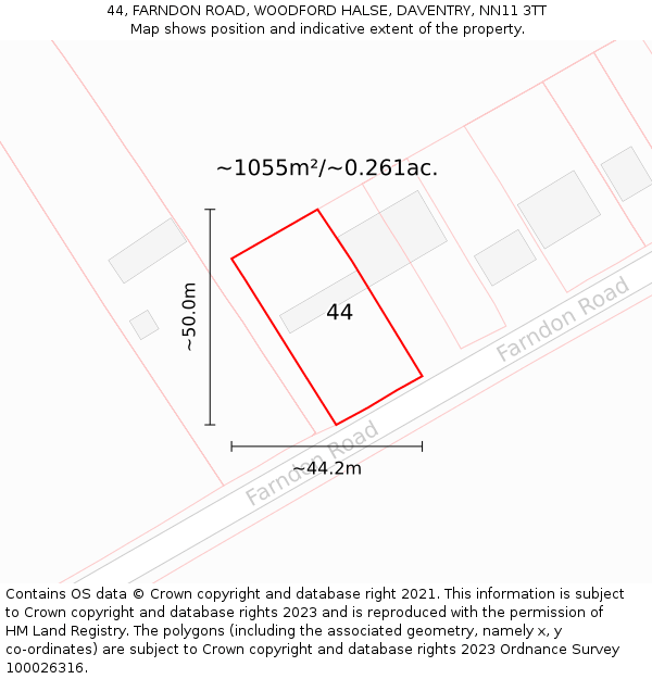 44, FARNDON ROAD, WOODFORD HALSE, DAVENTRY, NN11 3TT: Plot and title map