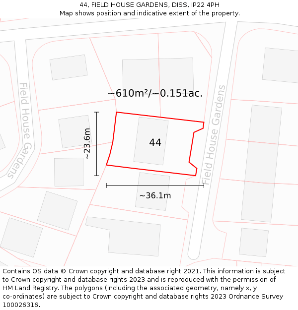 44, FIELD HOUSE GARDENS, DISS, IP22 4PH: Plot and title map