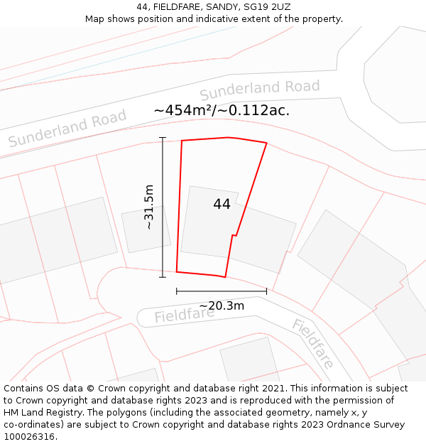 44, FIELDFARE, SANDY, SG19 2UZ: Plot and title map