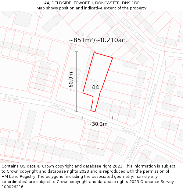 44, FIELDSIDE, EPWORTH, DONCASTER, DN9 1DP: Plot and title map