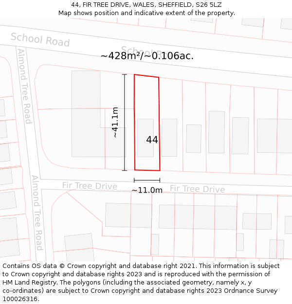 44, FIR TREE DRIVE, WALES, SHEFFIELD, S26 5LZ: Plot and title map