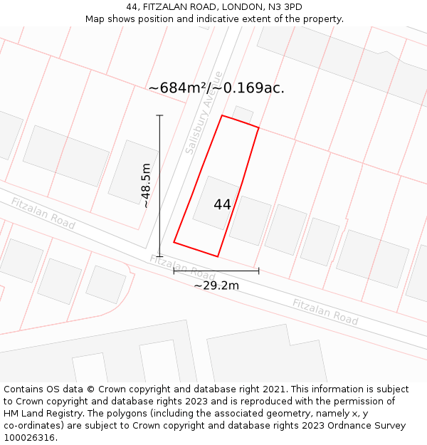 44, FITZALAN ROAD, LONDON, N3 3PD: Plot and title map