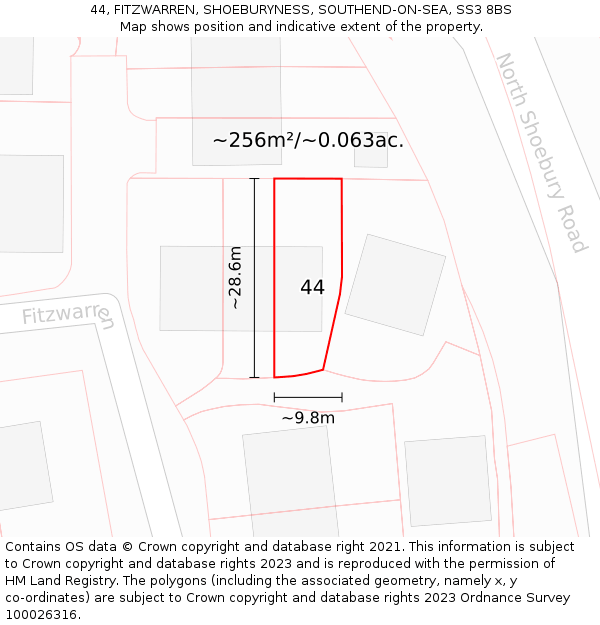 44, FITZWARREN, SHOEBURYNESS, SOUTHEND-ON-SEA, SS3 8BS: Plot and title map