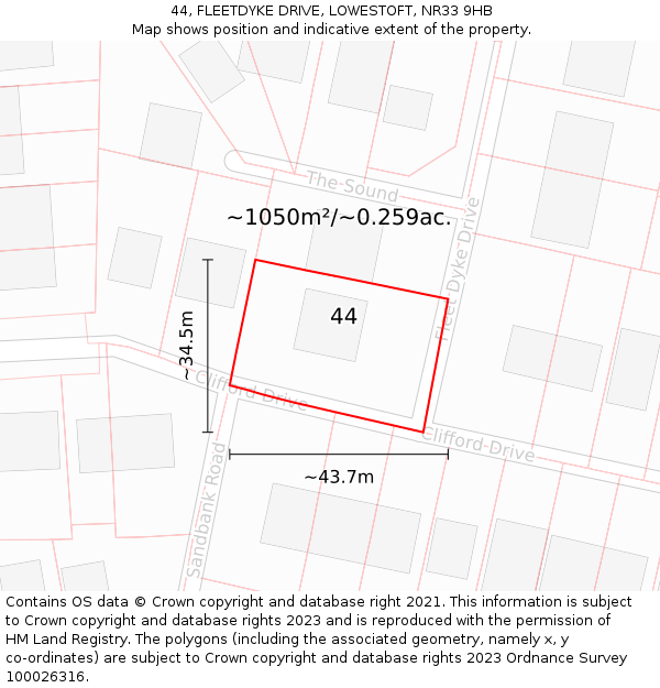 44, FLEETDYKE DRIVE, LOWESTOFT, NR33 9HB: Plot and title map