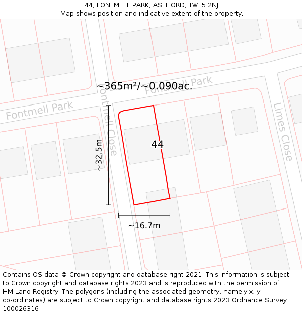 44, FONTMELL PARK, ASHFORD, TW15 2NJ: Plot and title map
