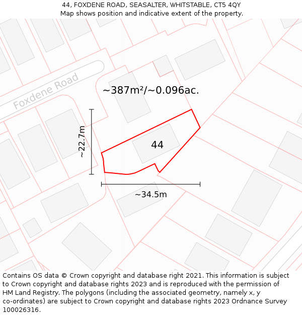 44, FOXDENE ROAD, SEASALTER, WHITSTABLE, CT5 4QY: Plot and title map