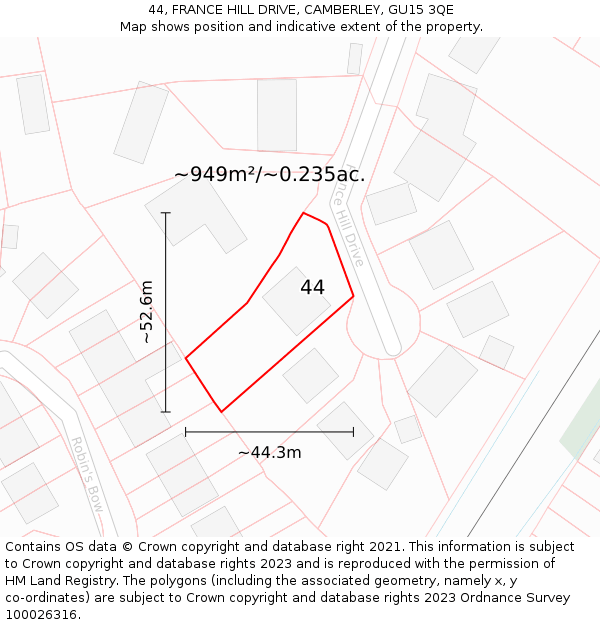 44, FRANCE HILL DRIVE, CAMBERLEY, GU15 3QE: Plot and title map