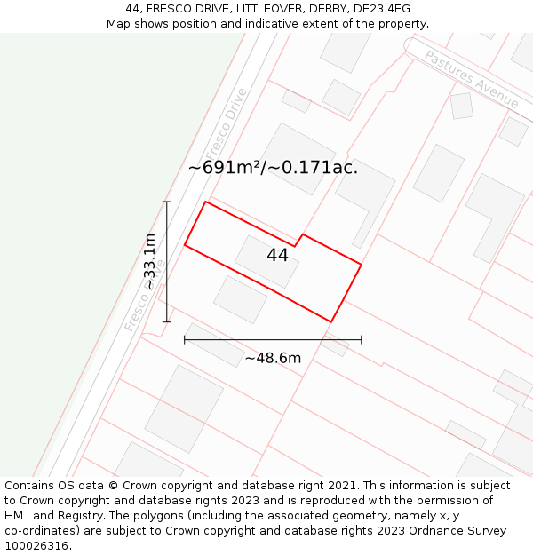 44, FRESCO DRIVE, LITTLEOVER, DERBY, DE23 4EG: Plot and title map