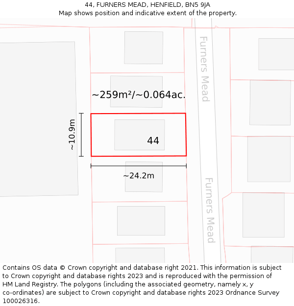 44, FURNERS MEAD, HENFIELD, BN5 9JA: Plot and title map