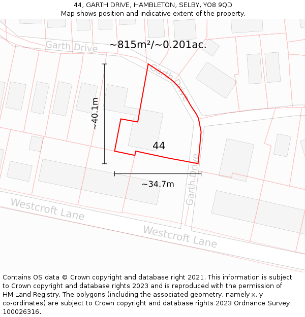 44, GARTH DRIVE, HAMBLETON, SELBY, YO8 9QD: Plot and title map