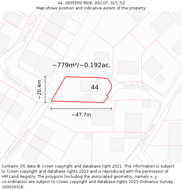 44, GEFFERS RIDE, ASCOT, SL5 7JZ: Plot and title map