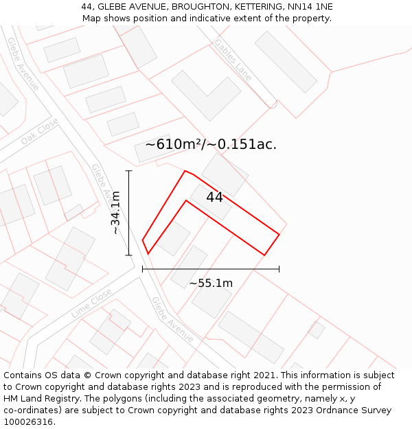 44, GLEBE AVENUE, BROUGHTON, KETTERING, NN14 1NE: Plot and title map
