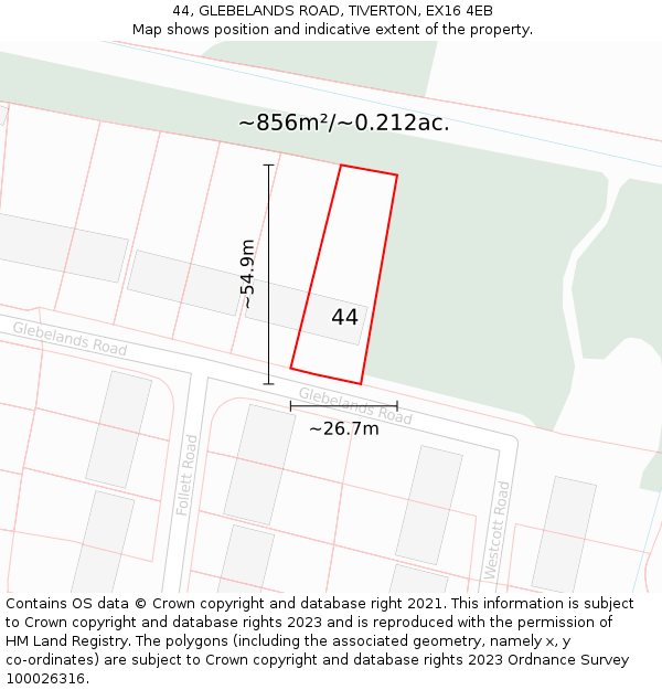 44, GLEBELANDS ROAD, TIVERTON, EX16 4EB: Plot and title map