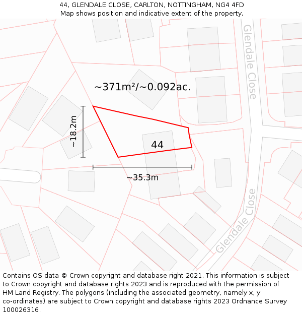 44, GLENDALE CLOSE, CARLTON, NOTTINGHAM, NG4 4FD: Plot and title map