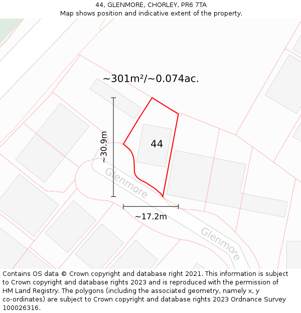 44, GLENMORE, CHORLEY, PR6 7TA: Plot and title map