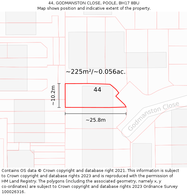 44, GODMANSTON CLOSE, POOLE, BH17 8BU: Plot and title map