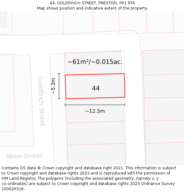 44, GOLDFINCH STREET, PRESTON, PR1 6TA: Plot and title map