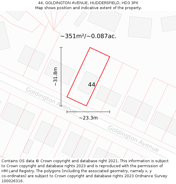 44, GOLDINGTON AVENUE, HUDDERSFIELD, HD3 3PX: Plot and title map