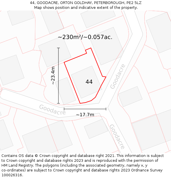 44, GOODACRE, ORTON GOLDHAY, PETERBOROUGH, PE2 5LZ: Plot and title map