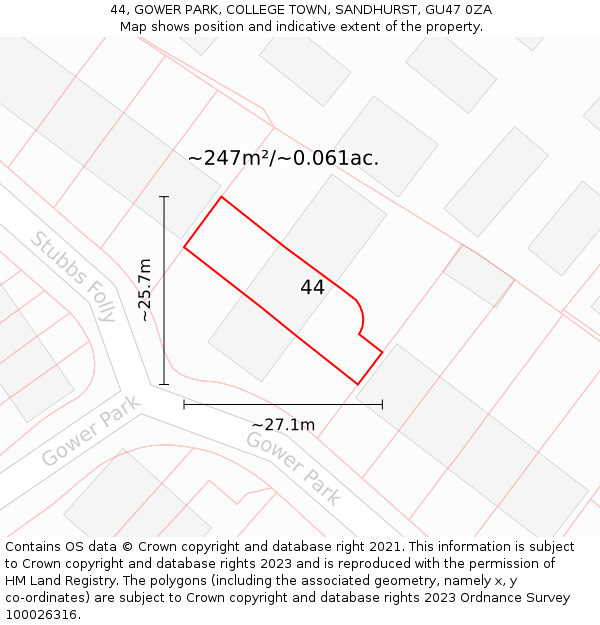 44, GOWER PARK, COLLEGE TOWN, SANDHURST, GU47 0ZA: Plot and title map