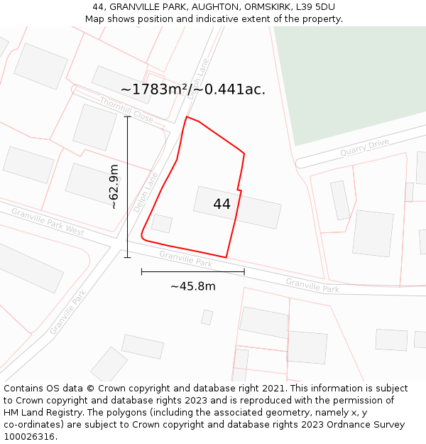 44, GRANVILLE PARK, AUGHTON, ORMSKIRK, L39 5DU: Plot and title map