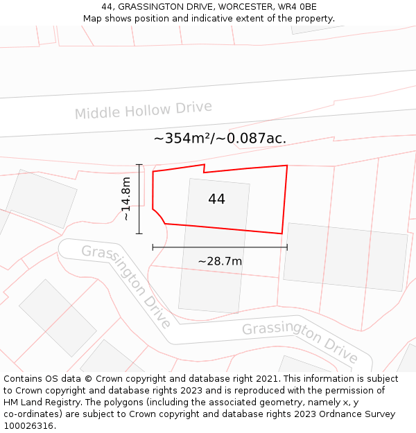 44, GRASSINGTON DRIVE, WORCESTER, WR4 0BE: Plot and title map