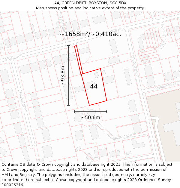 44, GREEN DRIFT, ROYSTON, SG8 5BX: Plot and title map